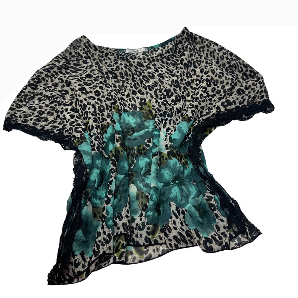 Papaya Womens Leopard Print Teal Floral Sheer Lace Trim Blouse Top Medium